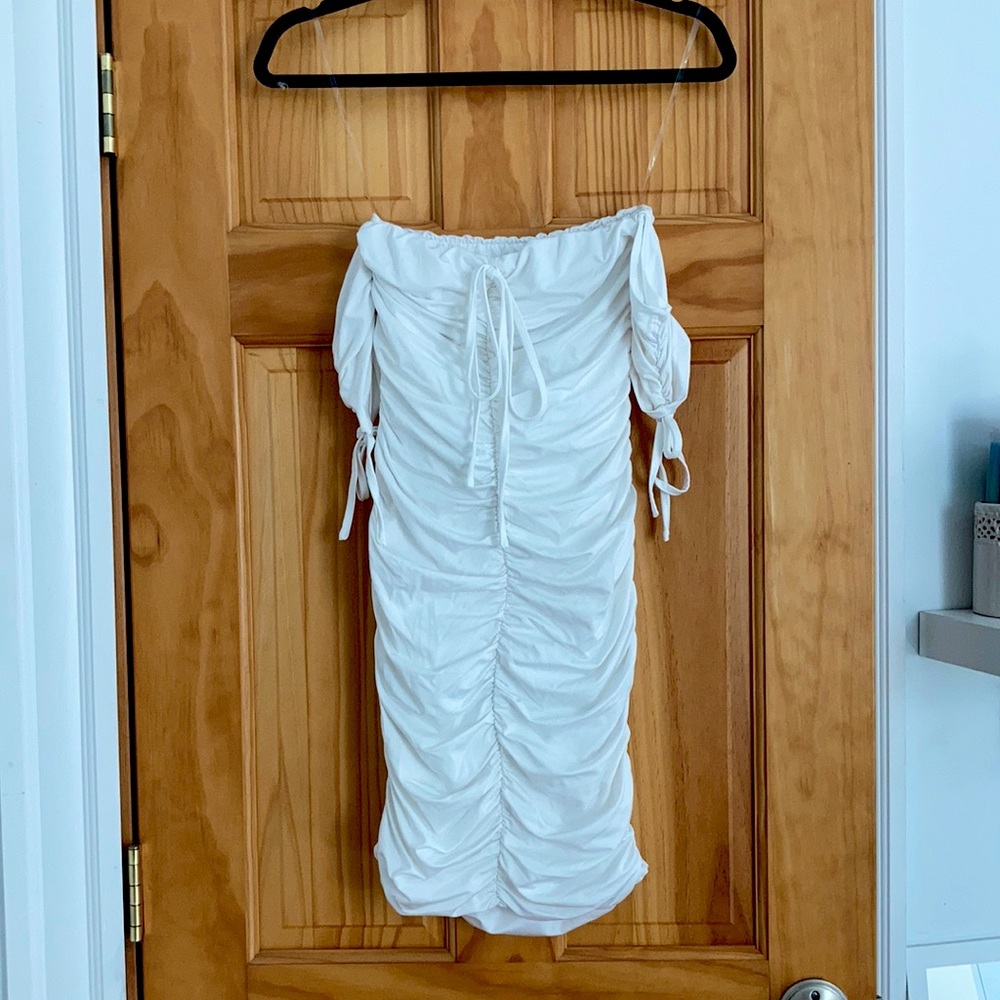 Off the shoulder ruched fitted dress with ties
